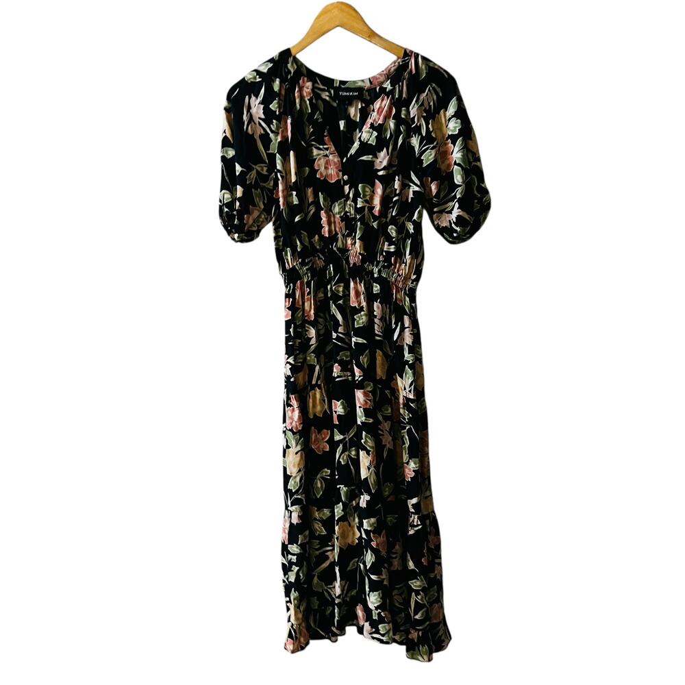 Yumi Kim Simone Floral Tiered Short Sleeve Dress Size S Small Brown Multi - Picture 2 of 8